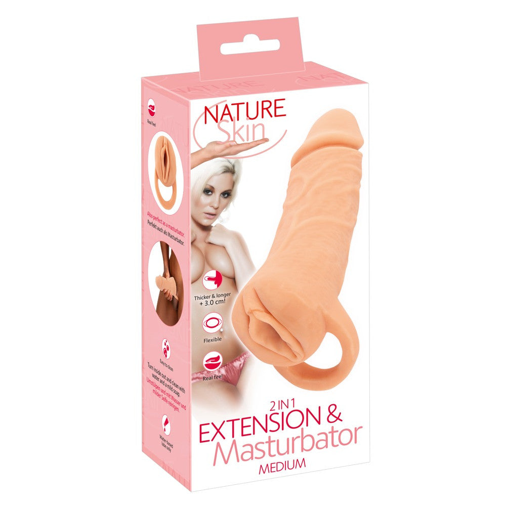 2 in 1 realistic penis extender and vagina masturbator Nature Skin size M +3 cm.