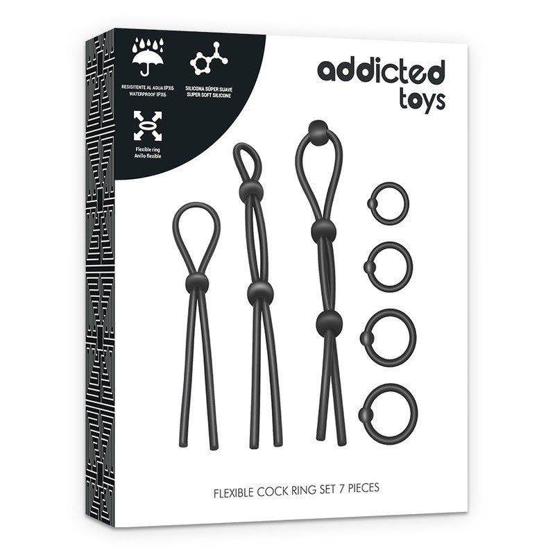 Addicted Toys 7-piece cock ring set of silicone rings and fasteners