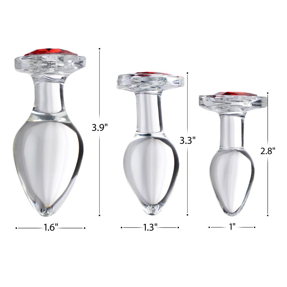 Booty Sparks Glass Butt Plugs with Red Crystal Heart Set of 3pcs