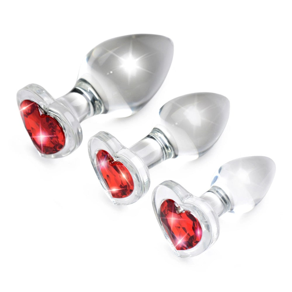 Booty Sparks Glass Butt Plugs with Red Crystal Heart Set of 3pcs
