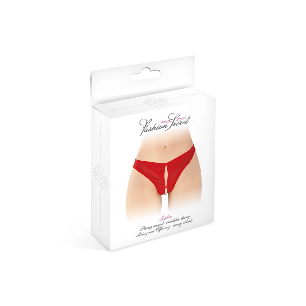 Sophie Erotic Crotchless Thong with Pearls Red