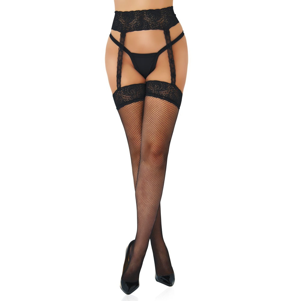 Daring Lace Trim Fishnet Garter Belt Stockings