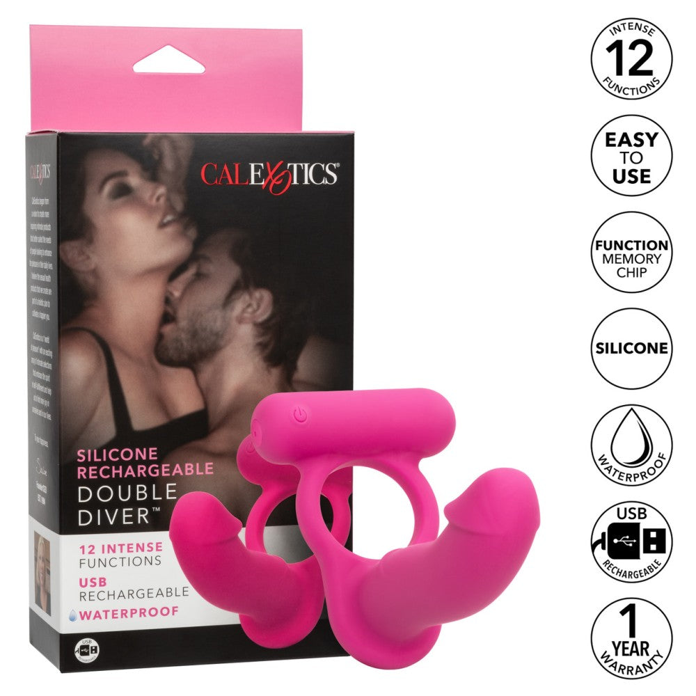 Double Diver Rechargeable Silicone Vibrating Cock Ring with Anal Dildo