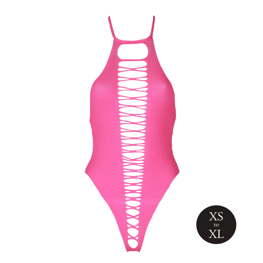 Erotic revealing bodysuit with open bottom Ouch! Glow In The Dark neon pink