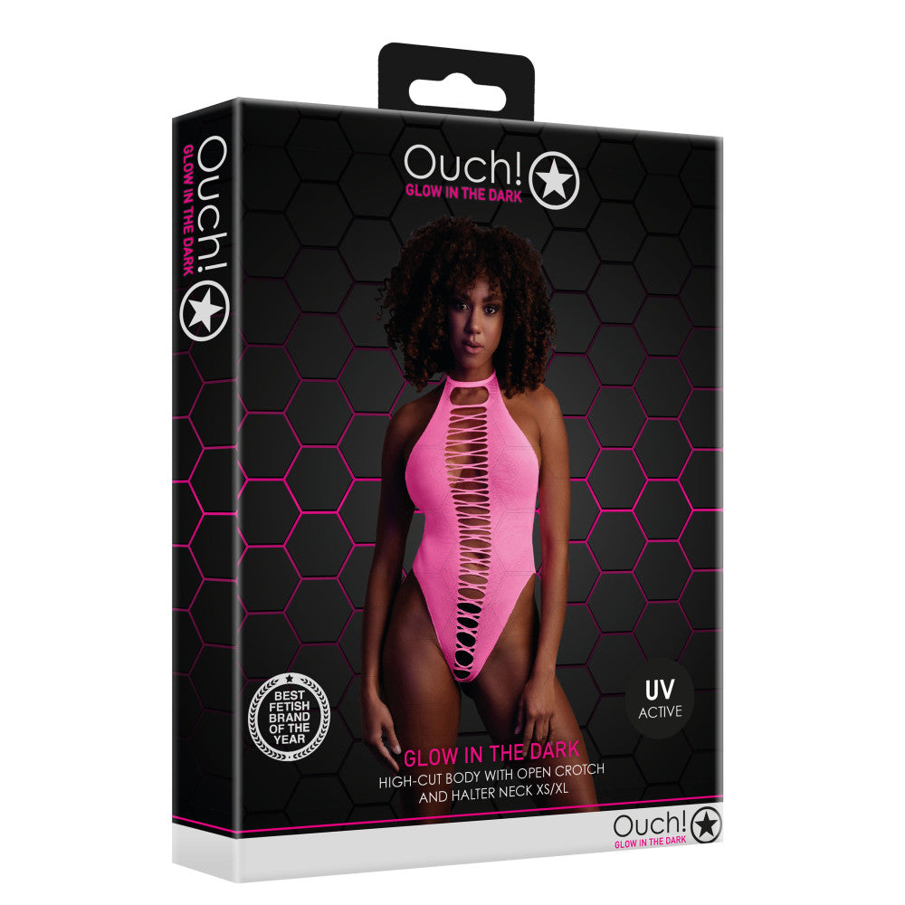 Erotic revealing bodysuit with open bottom Ouch! Glow In The Dark neon pink