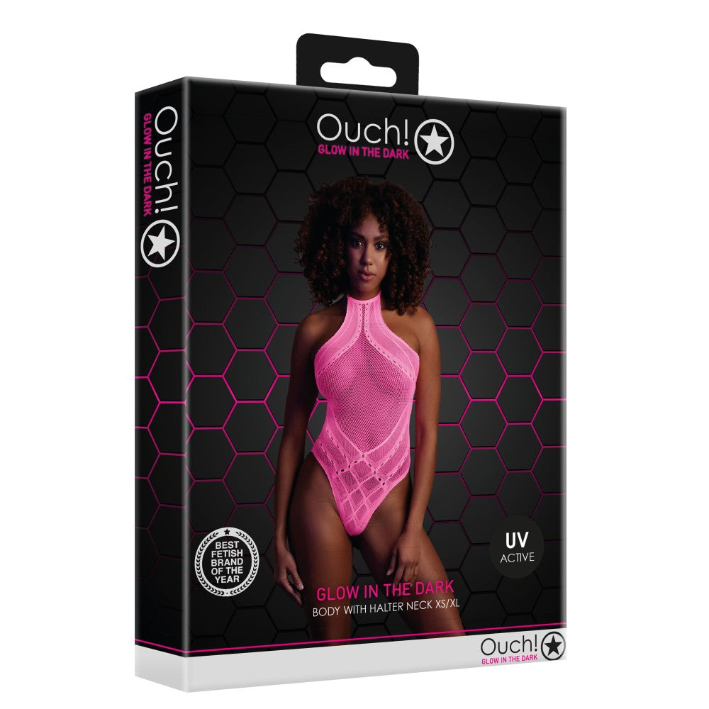 Halter Neck Mesh Bodysuit Ouch! Glow In The Dark Neon Pink