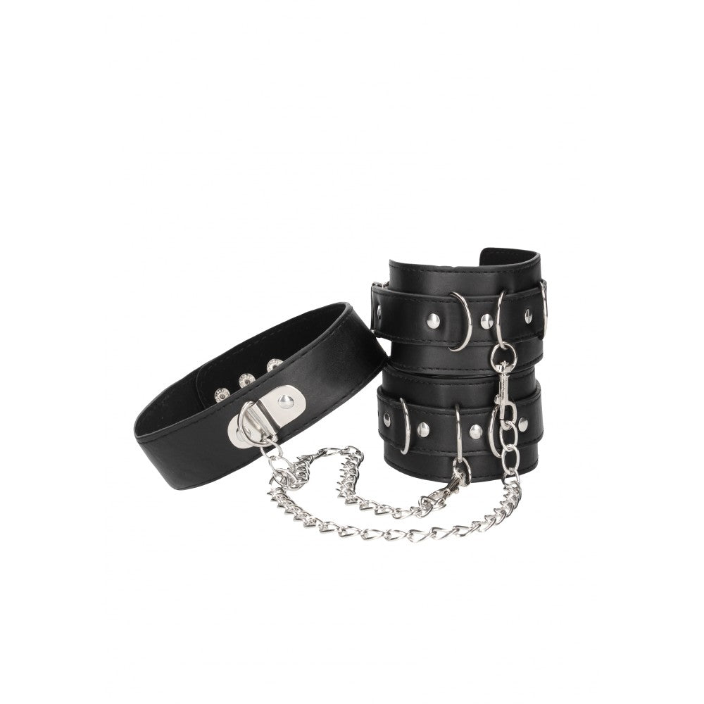 Leather Choker Set with Wrist Restraints Ouch! Black & White