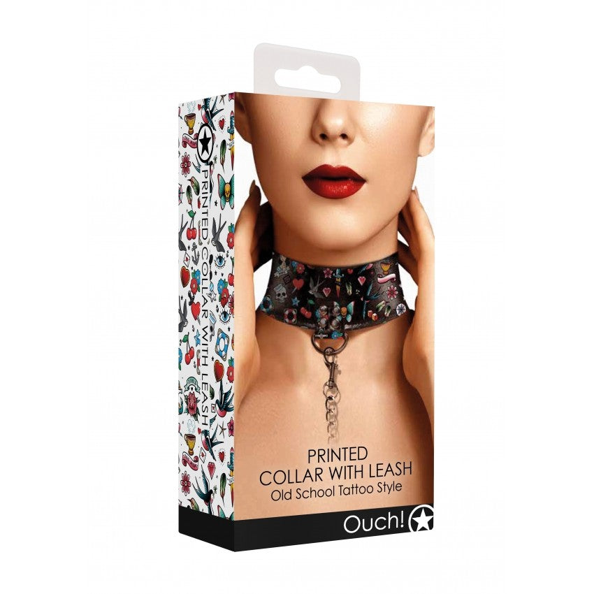 Leather Collar with Old School Tattoo Style Ouch!