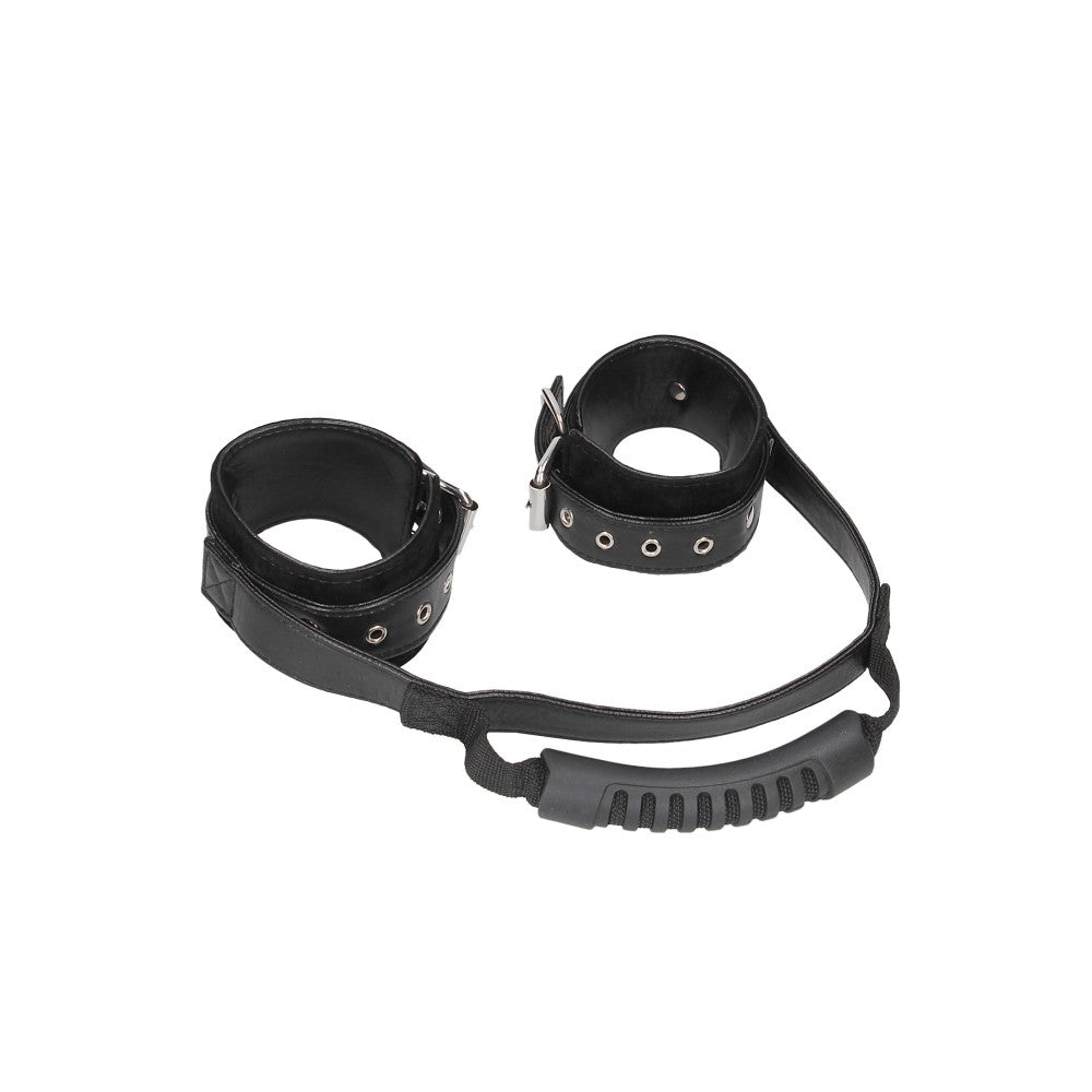 Ouch! Leather Wrist Restraints with Handle Black & White