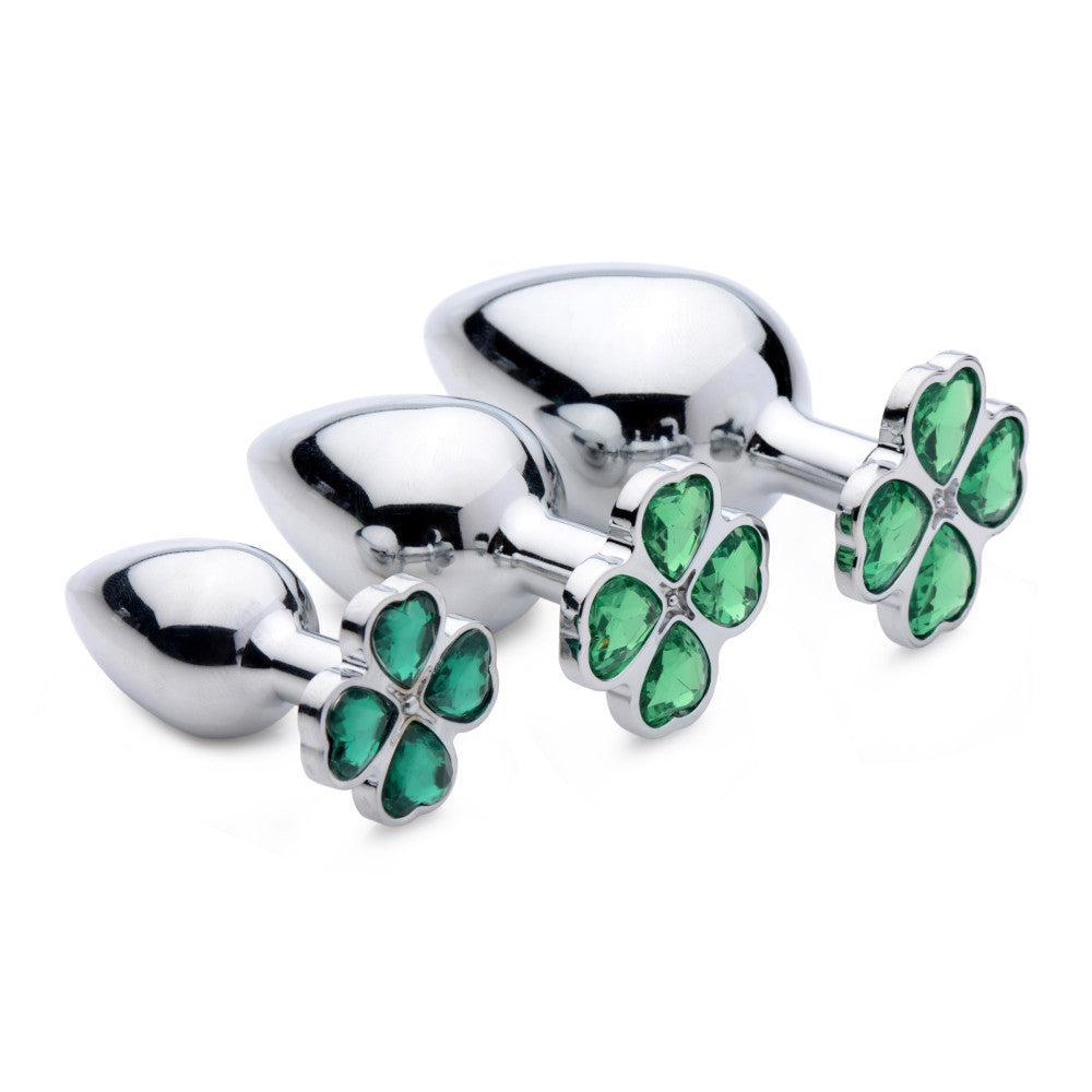 Metal anal dilator-jewel with green crystal-clover Lucky Clover M