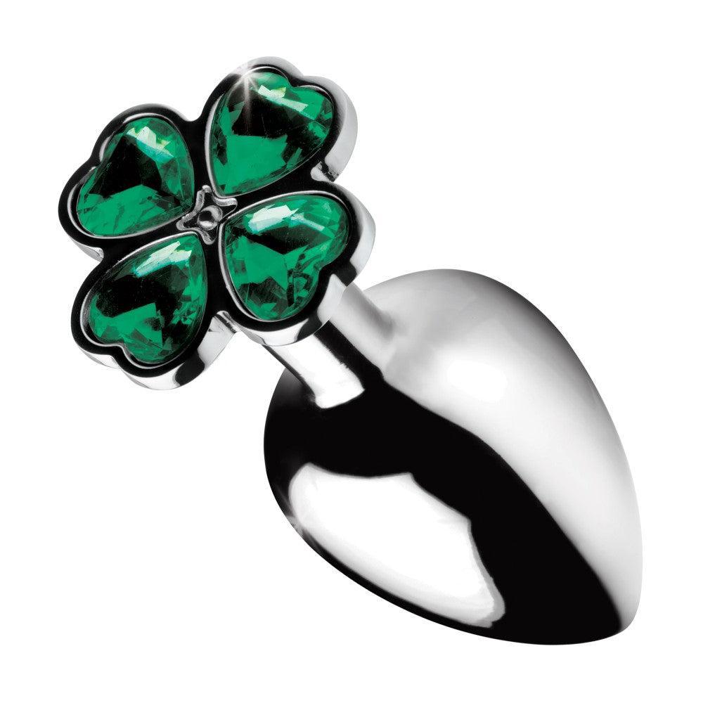 Metal anal dilator-jewel with green crystal-clover Lucky Clover M