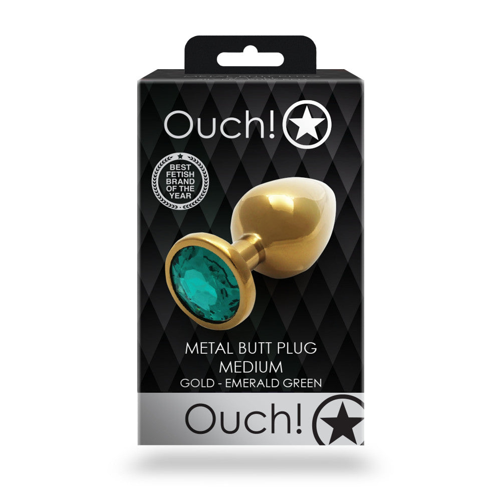 Metal butt plug with green crystal Ouch! Emerald M golden