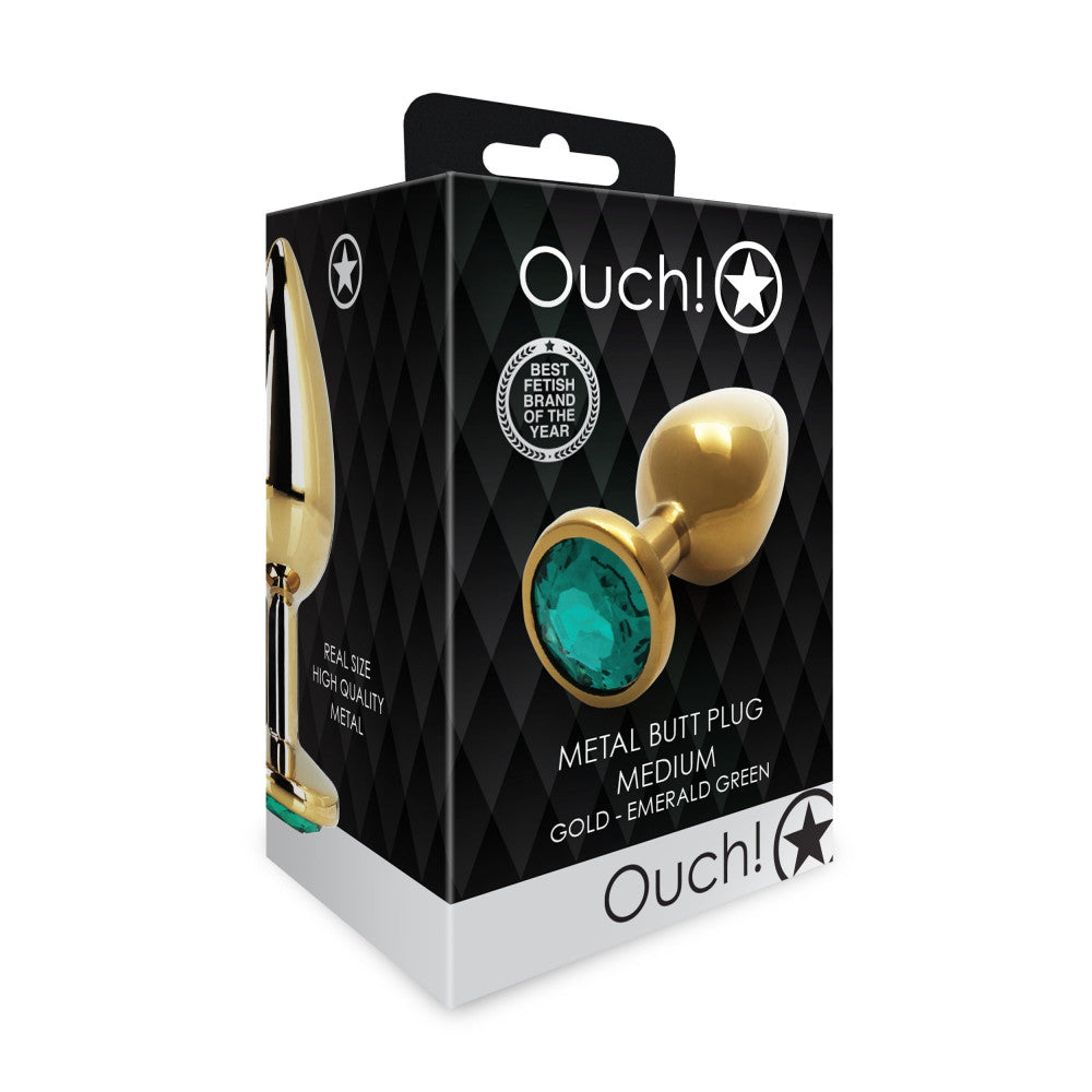 Metal butt plug with green crystal Ouch! Emerald M golden