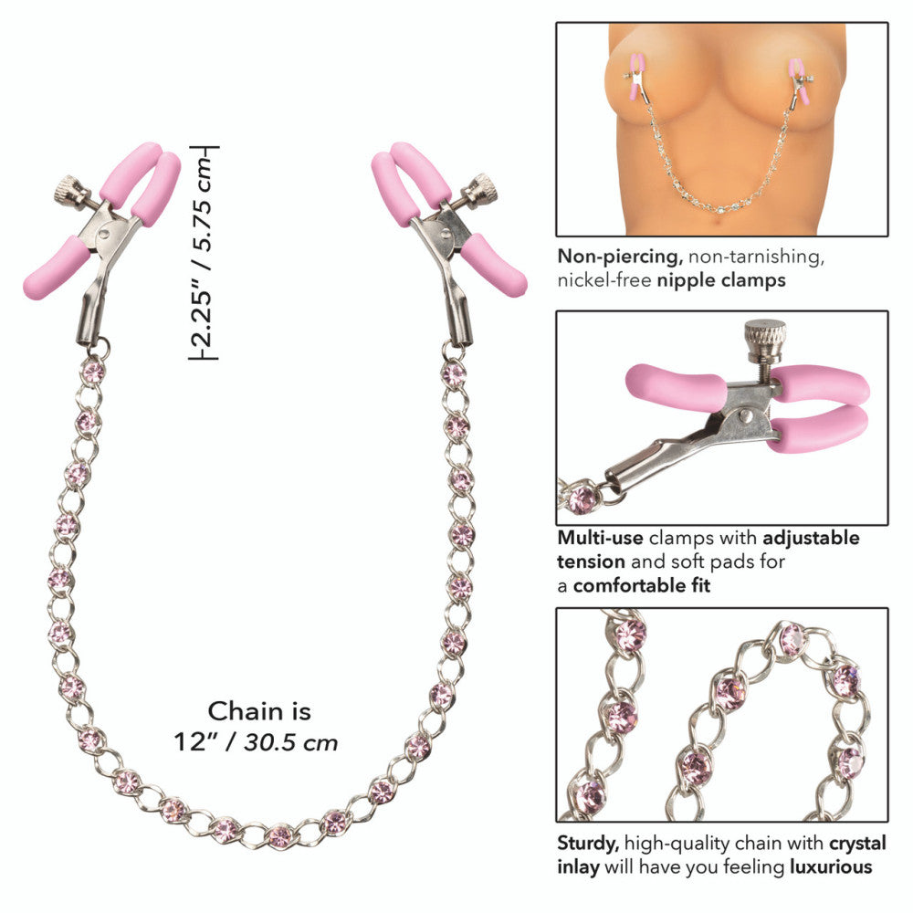 Pink Crystal Nipple Clamps with Chain