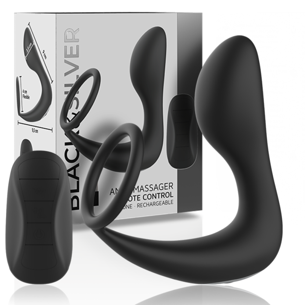Prostate Stimulator with Cock Ring & Remote Black & Silver