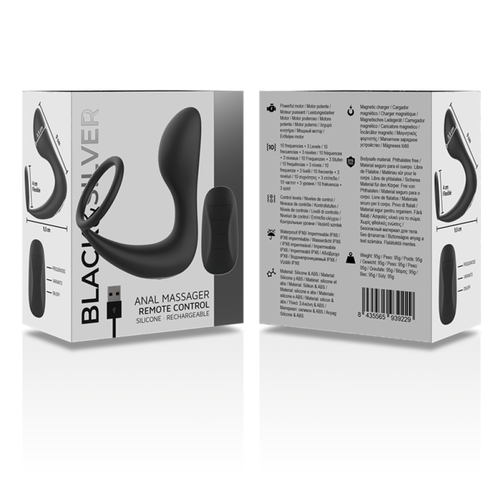 Prostate Stimulator with Cock Ring & Remote Black & Silver