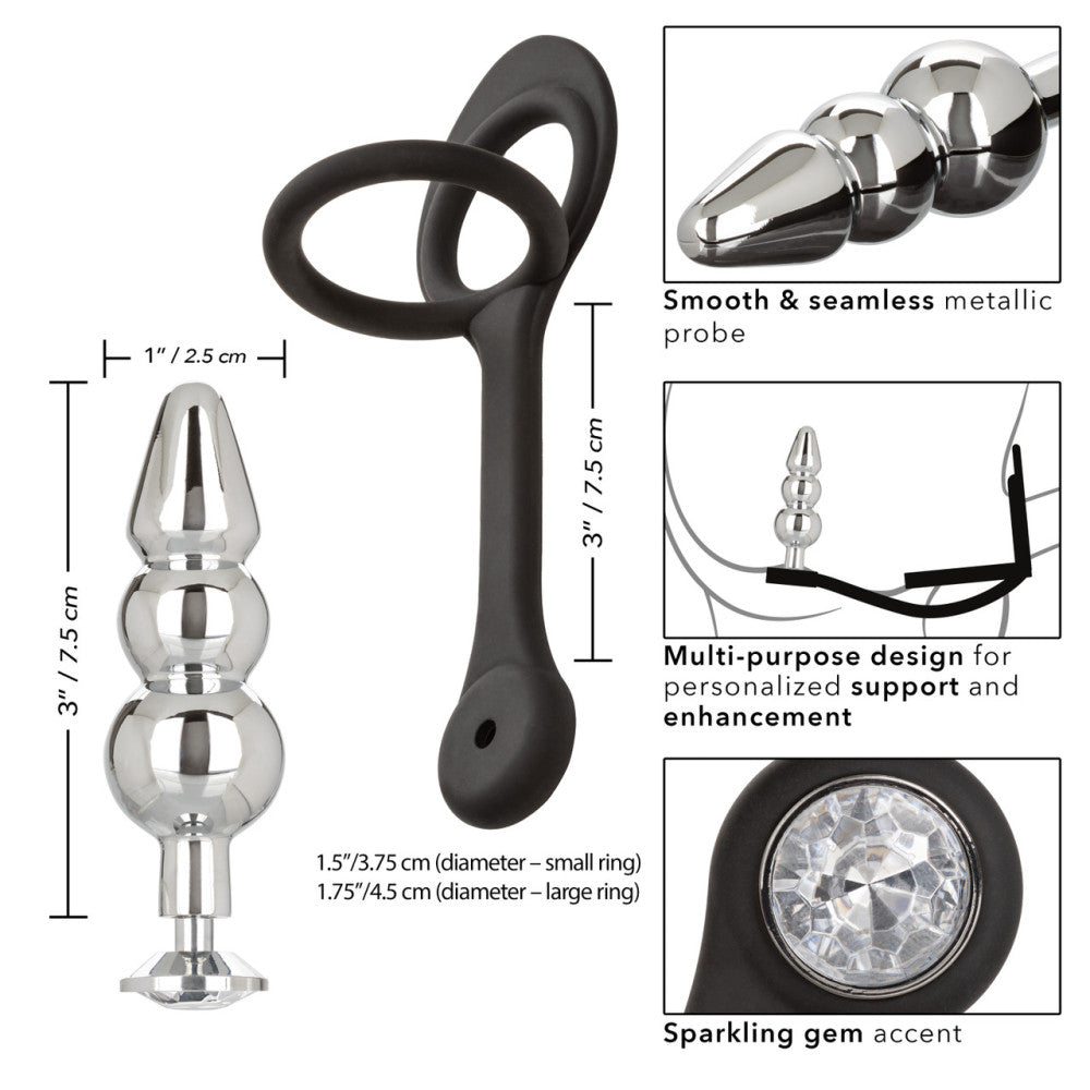 Star Fucker Beaded Crystal Metal Butt Plug with Silicone Cock & Balls Rings