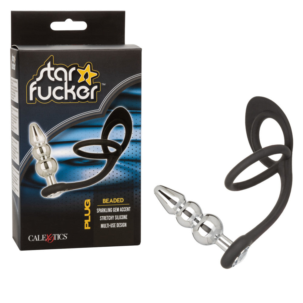 Star Fucker Beaded Crystal Metal Butt Plug with Silicone Cock & Balls Rings