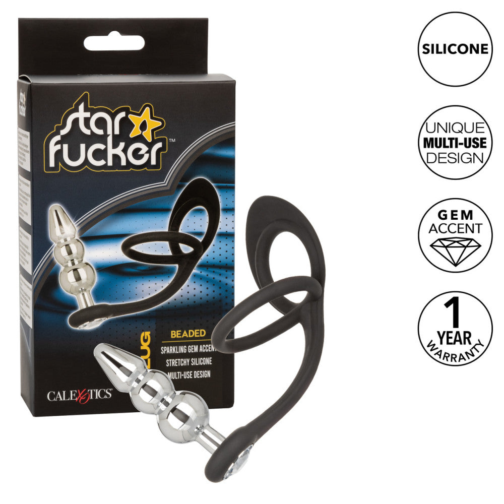 Star Fucker Beaded Crystal Metal Butt Plug with Silicone Cock & Balls Rings