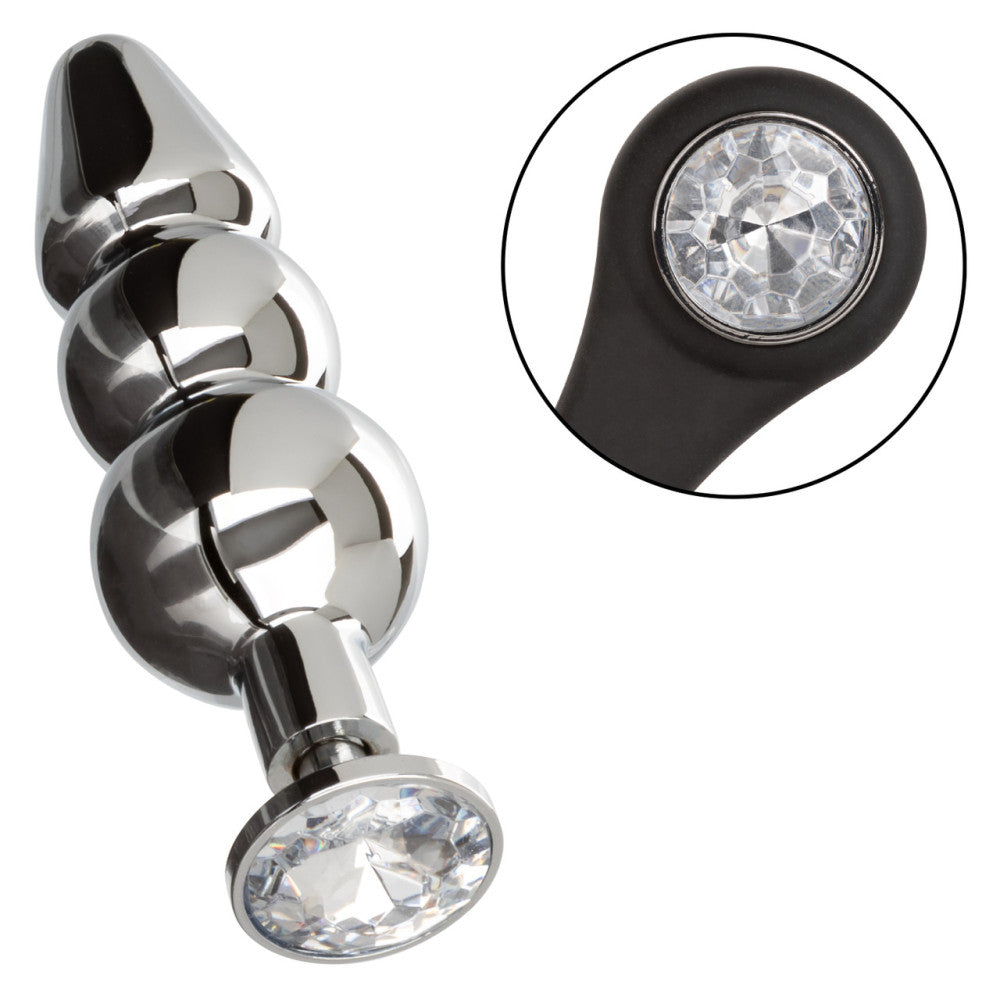 Star Fucker Beaded Crystal Metal Butt Plug with Silicone Cock & Balls Rings