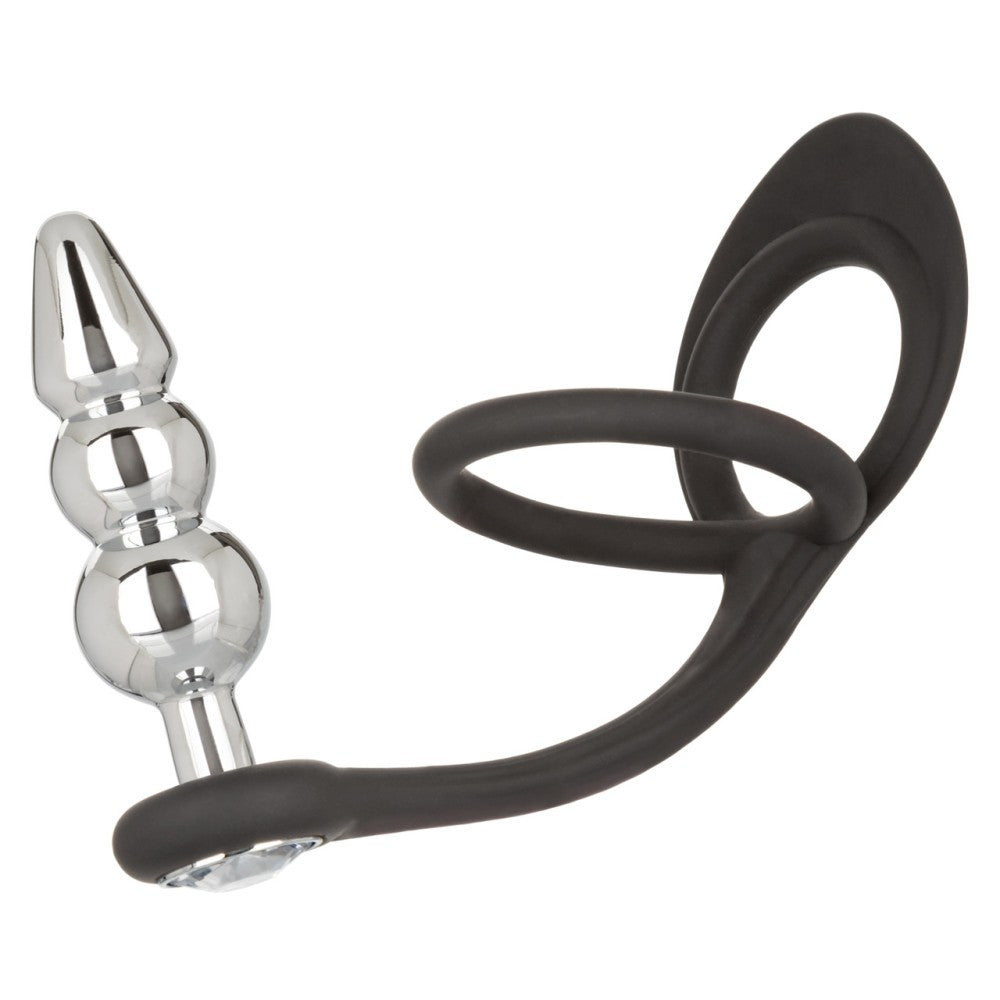Star Fucker Beaded Crystal Metal Butt Plug with Silicone Cock & Balls Rings