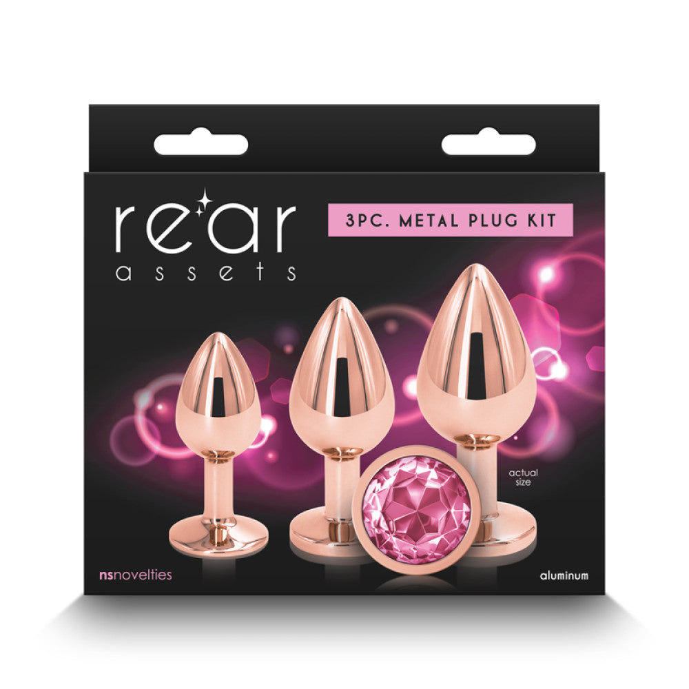 3 pcs. metal butt plug set with pink crystal Rear golden