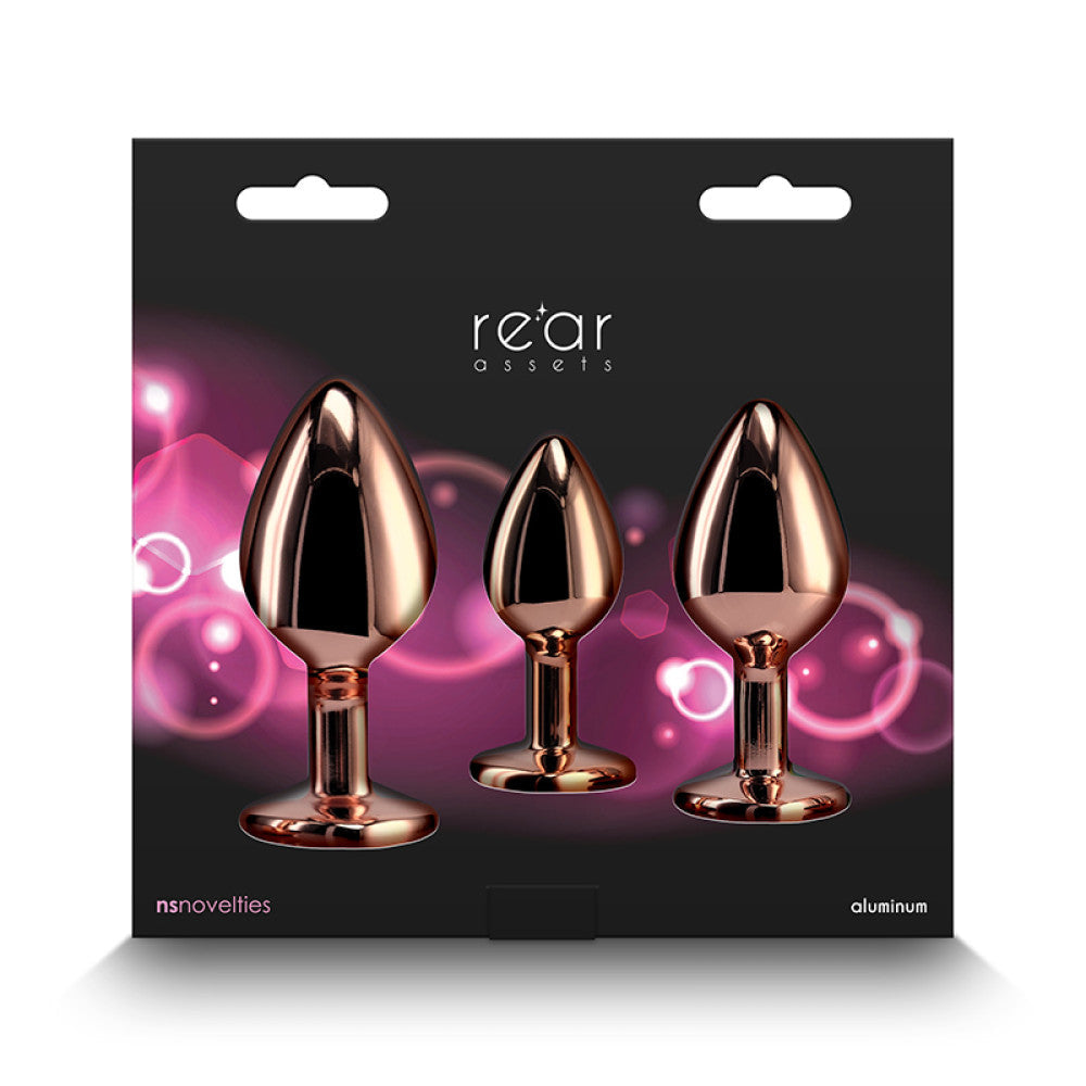 3 pcs. metal butt plug set with pink crystal Rear golden