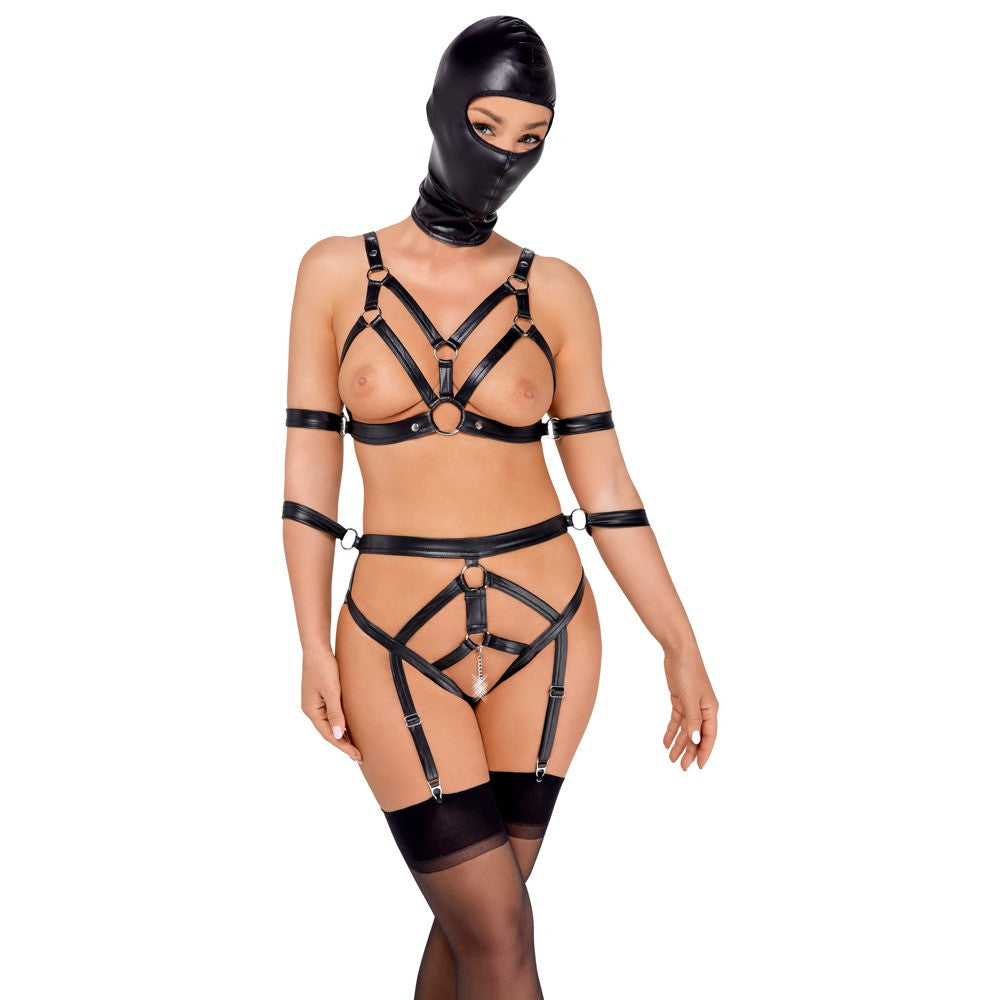 Bondage Set Harness Body - Garter and Mask with Bad Kitty Holes Size S