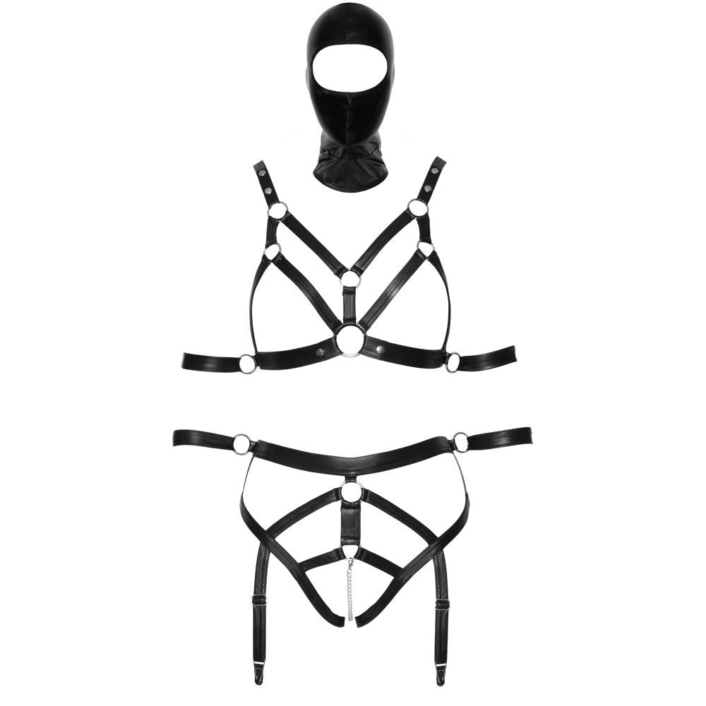 Bondage Set Harness Body - Garter and Mask with Bad Kitty Holes Size S