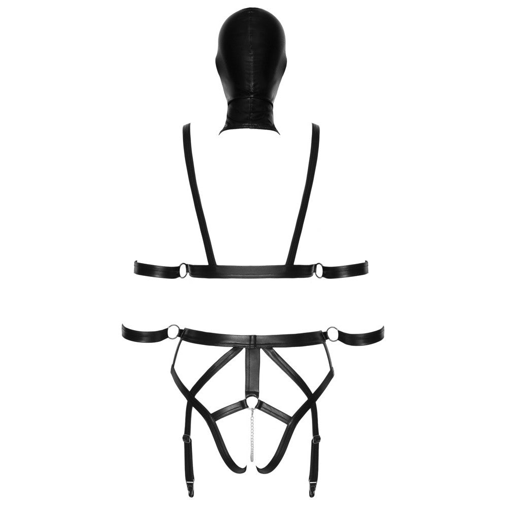 Bondage Set Harness Body - Garter and Mask with Bad Kitty Holes Size S