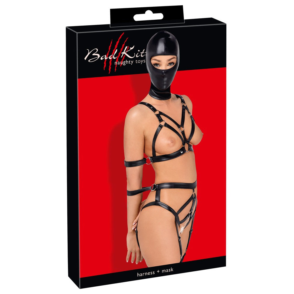 Bondage Set Harness Body - Garter and Mask with Bad Kitty Holes Size S