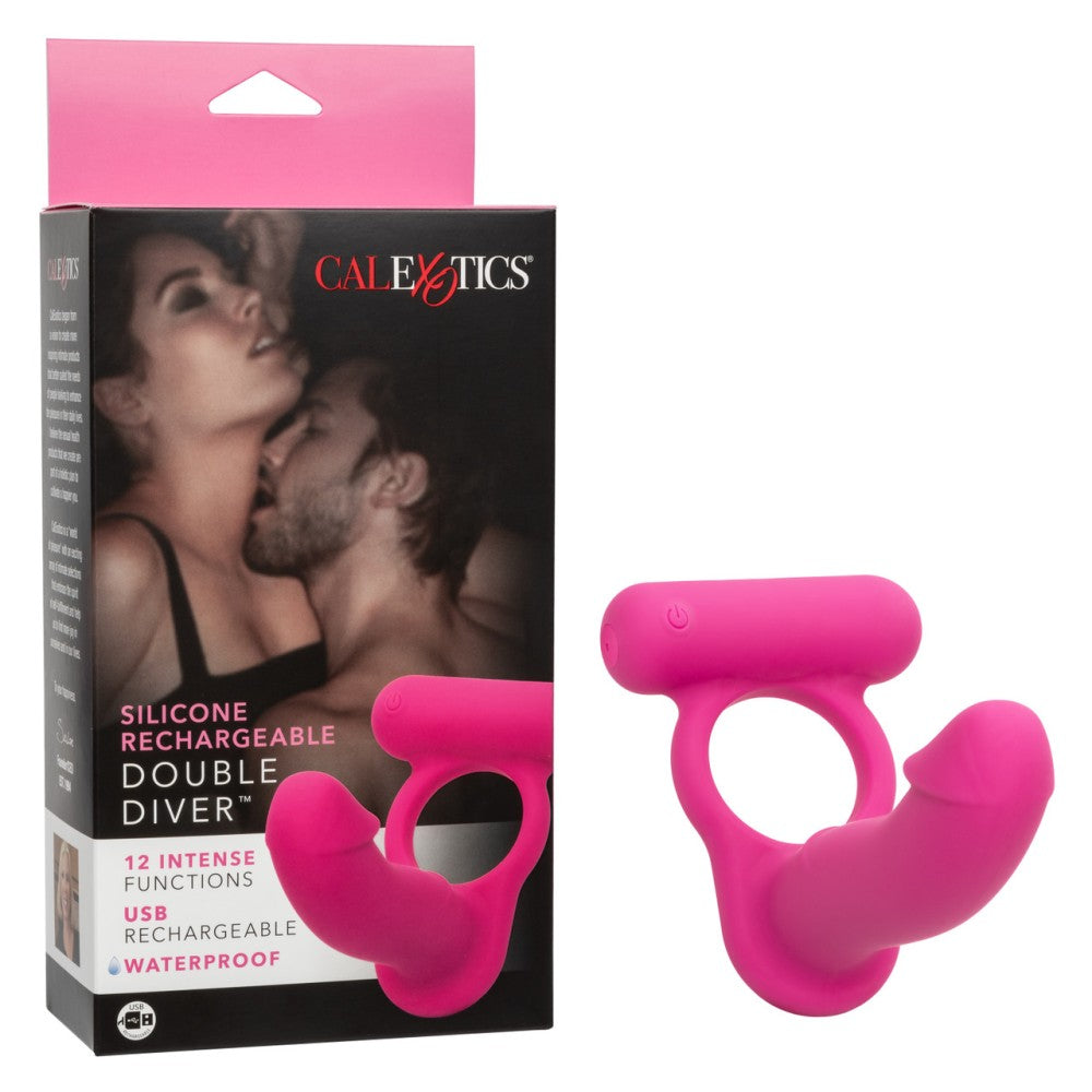 Double Diver Rechargeable Silicone Vibrating Cock Ring with Anal Dildo