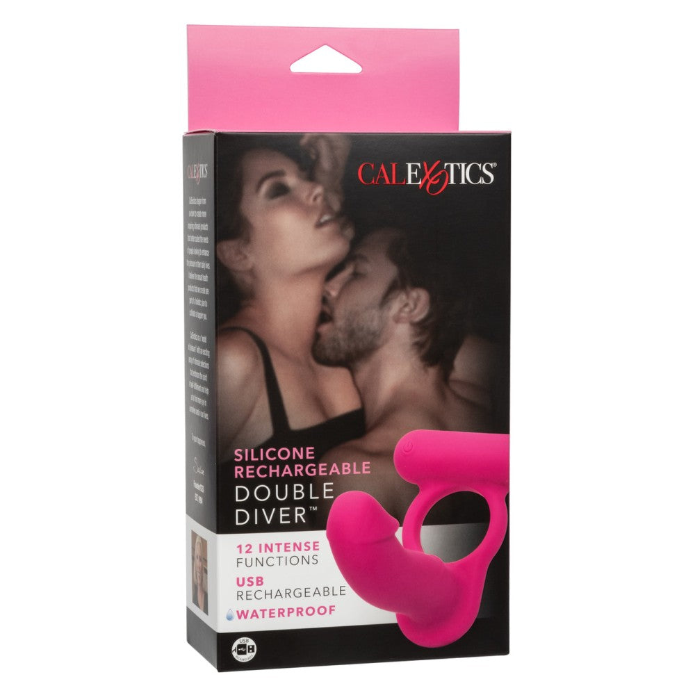 Double Diver Rechargeable Silicone Vibrating Cock Ring with Anal Dildo