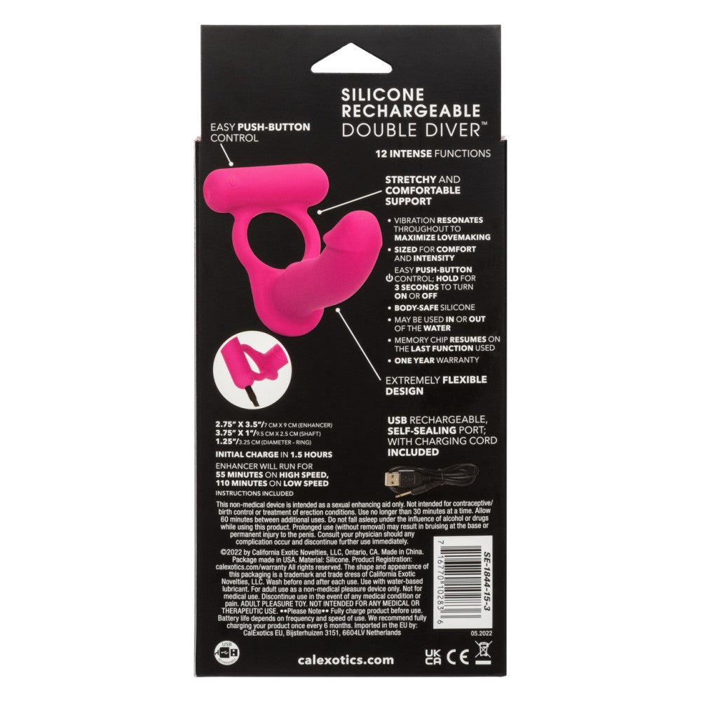 Double Diver Rechargeable Silicone Vibrating Cock Ring with Anal Dildo