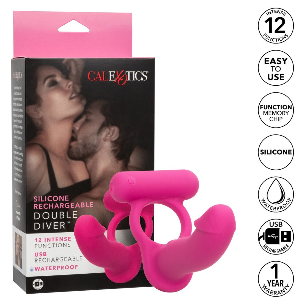 Double Diver rechargeable silicone cock ring with anal and clitoral stimulator