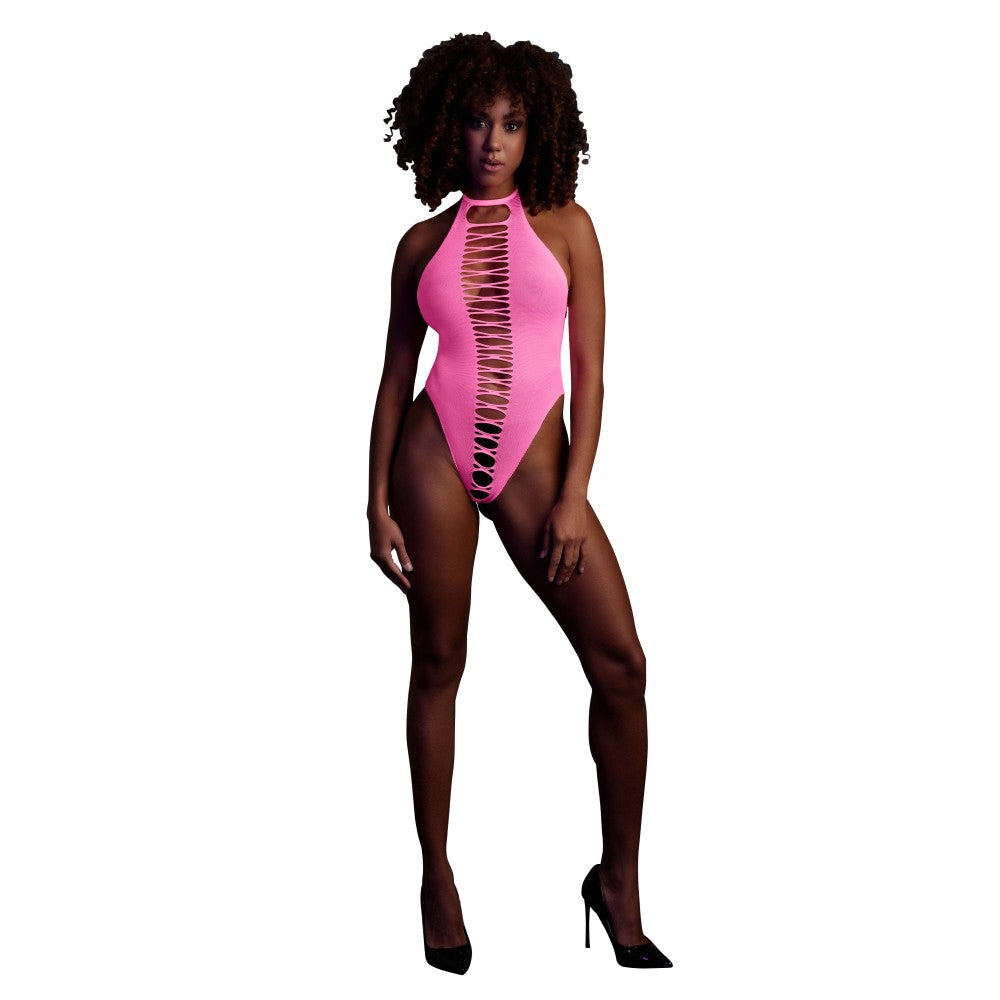 Erotic revealing bodysuit with open bottom Ouch! Glow In The Dark neon pink