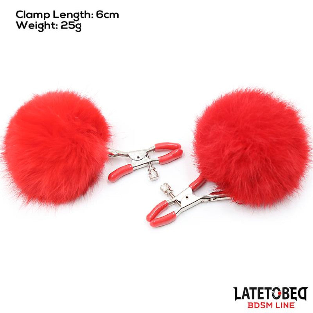 Fur Ball Nipple Clamps with fluffy red balls