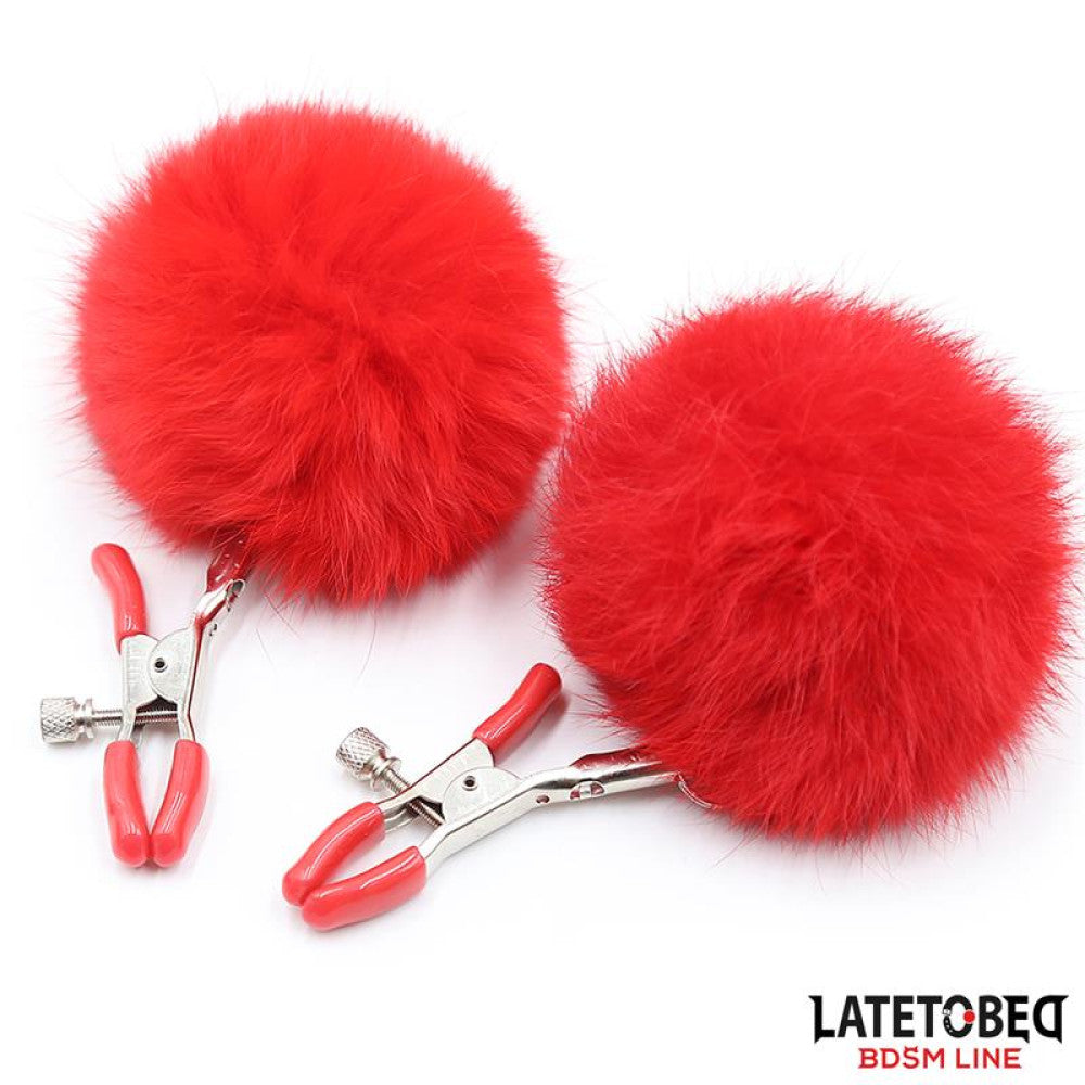 Fur Ball Nipple Clamps with fluffy red balls