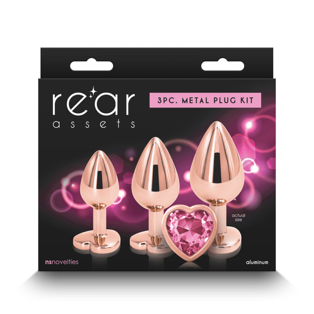 Golden Metal Butt Plugs with Pink Crystal Heart Set of 3 pcs.