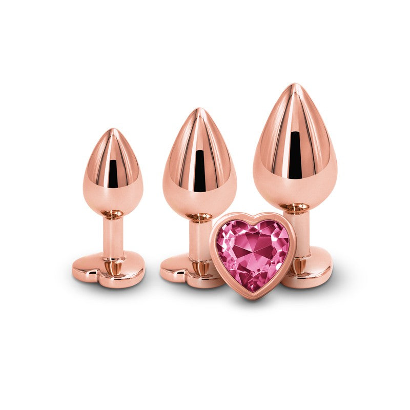 Golden Metal Butt Plugs with Pink Crystal Heart Set of 3 pcs.