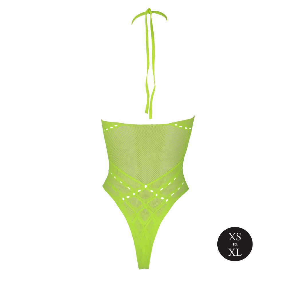 Halter Neck Mesh Bodysuit Ouch! Glow In The Dark neon green