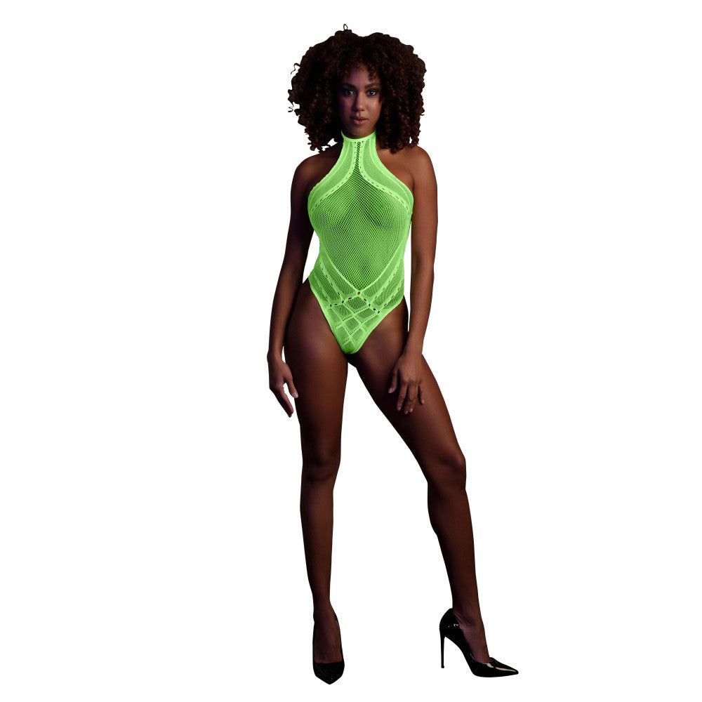 Halter Neck Mesh Bodysuit Ouch! Glow In The Dark neon green