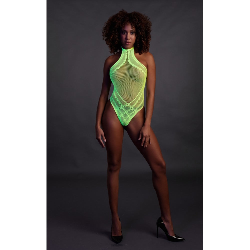 Halter Neck Mesh Bodysuit Ouch! Glow In The Dark neon green