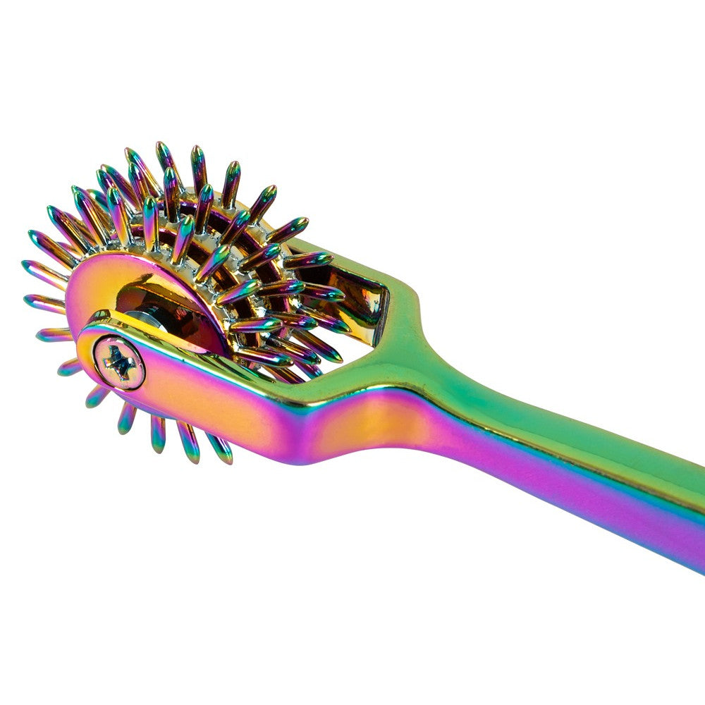 Metal BDSM toy with sharp spikes and three wheels Rainbow Triple Pinwheel hologram colour