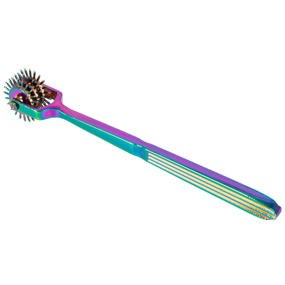 Metal BDSM toy with sharp spikes and three wheels Rainbow Triple Pinwheel hologram colour