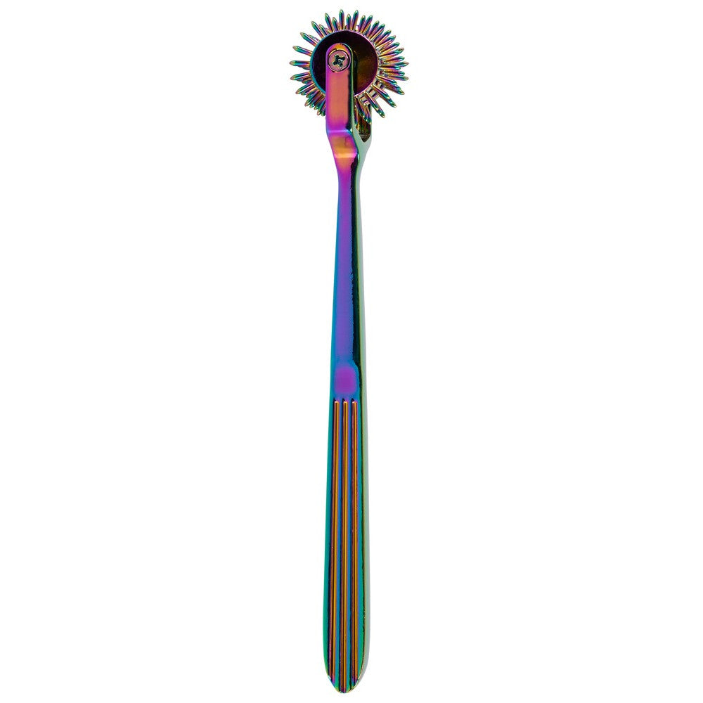 Metal BDSM toy with sharp spikes and three wheels Rainbow Triple Pinwheel hologram colour