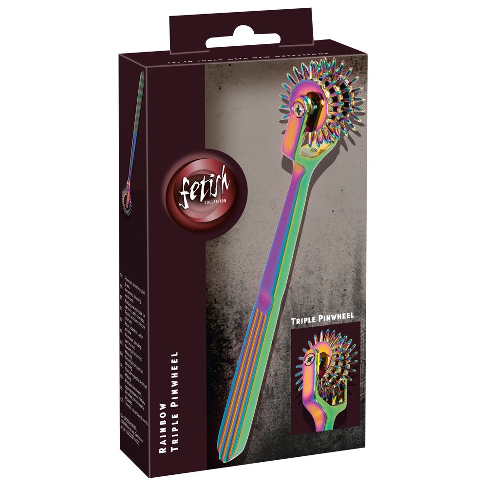 Metal BDSM toy with sharp spikes and three wheels Rainbow Triple Pinwheel hologram colour