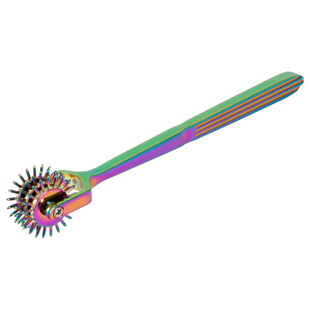 Metal BDSM toy with sharp spikes and three wheels Rainbow Triple Pinwheel hologram colour