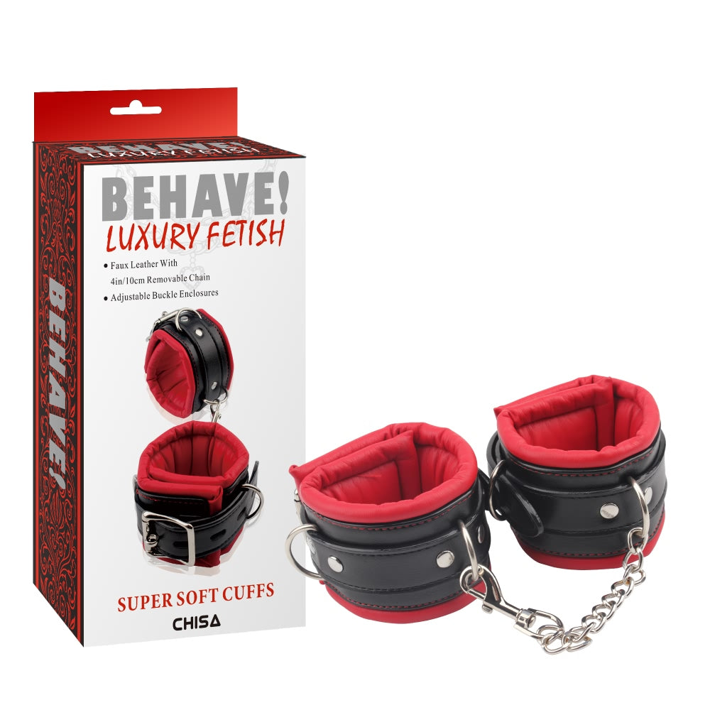 Nina - Padded Leather Cuffs Behave! Luxury Fetish red and black