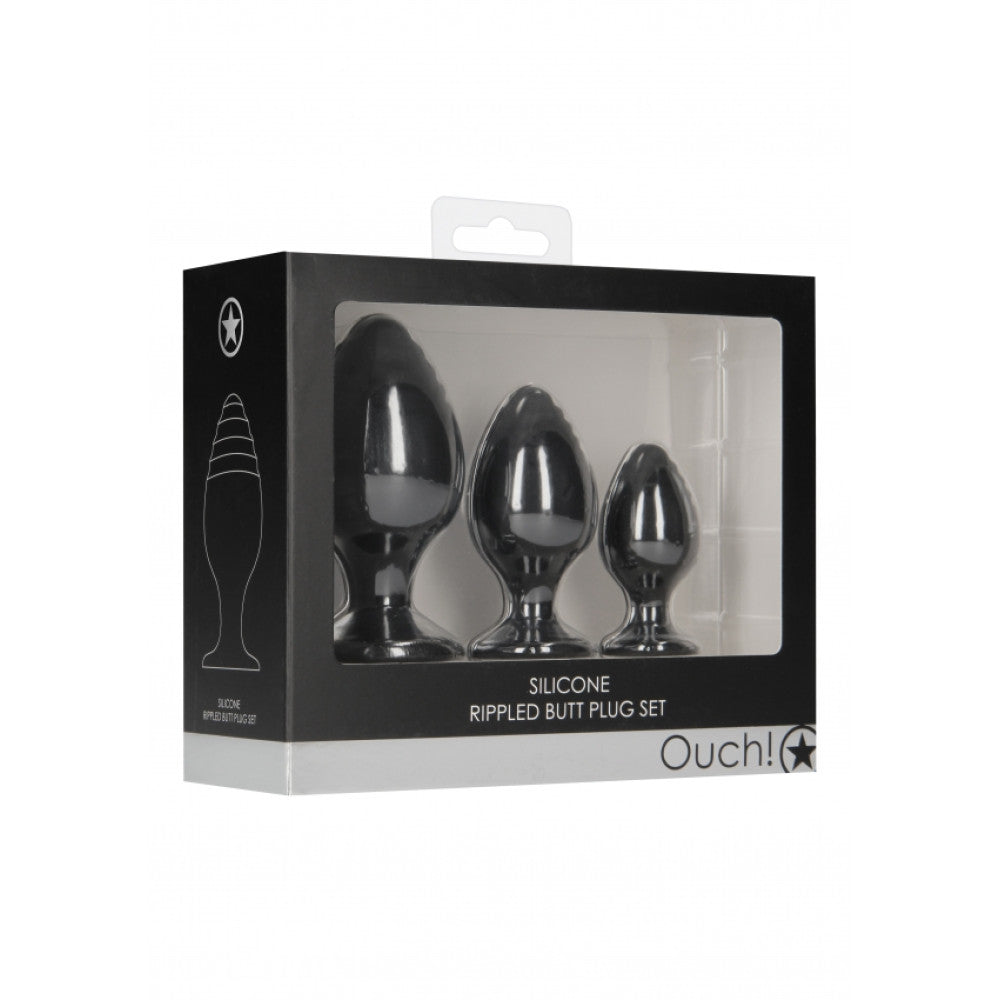 Ouch! Rippled Ribbed Silicone Butt Plugs Set of 3 pcs.